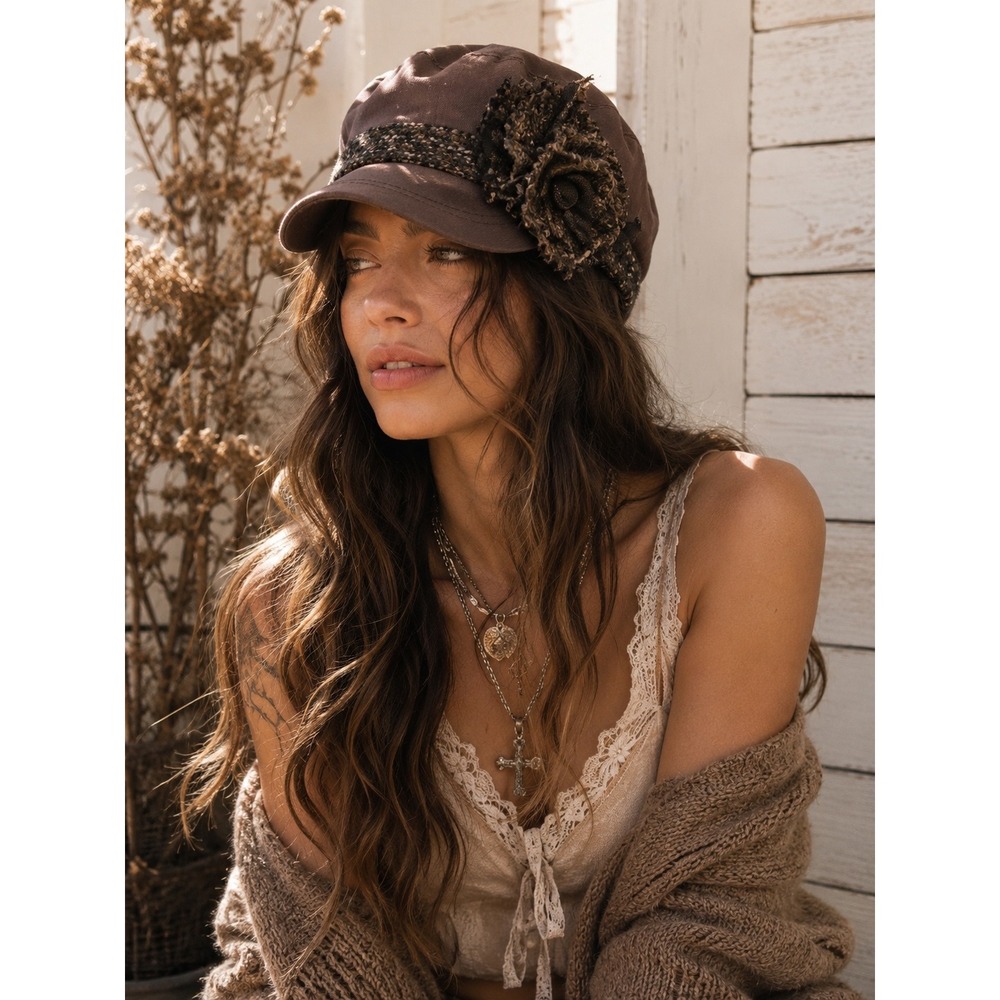 Vintage Scala Pronto Y2K Brown Cotton Newsboy Baker Boy Cap Boho Hat One Size